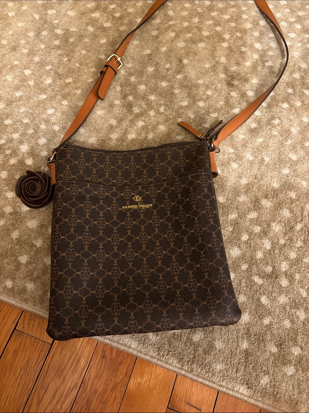 Nanette Lepore Chocolate Monogram Crossbody Bag - Tan Trim
